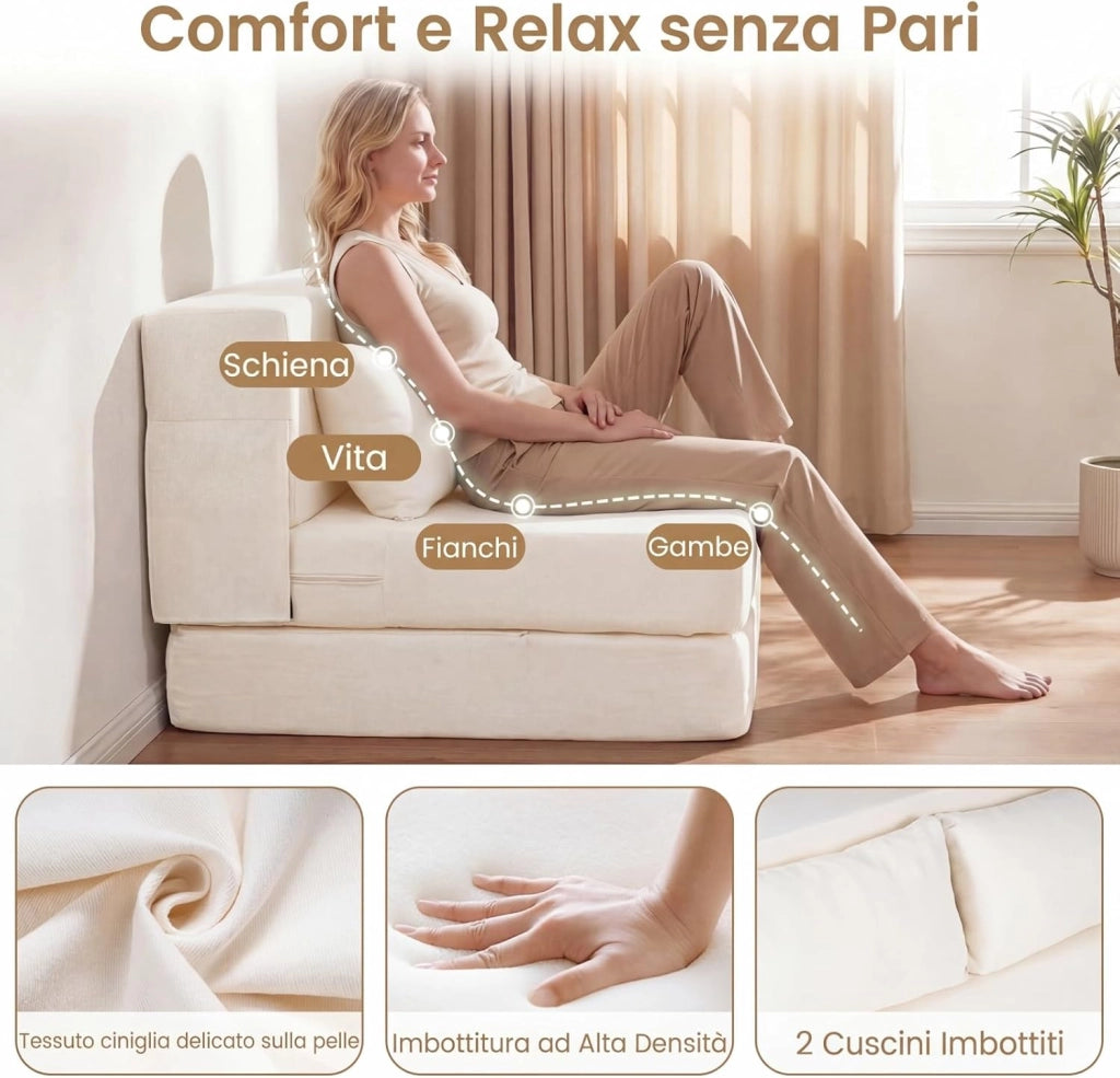 3 in 1 Divano Letto Pieghevole, Poltrona Letto Convertibile con 2 Cuscini, Divano a 2 Posti in Tessuto Chenille, per Soggiorno Camera da Letto Ufficio (Beige,L)