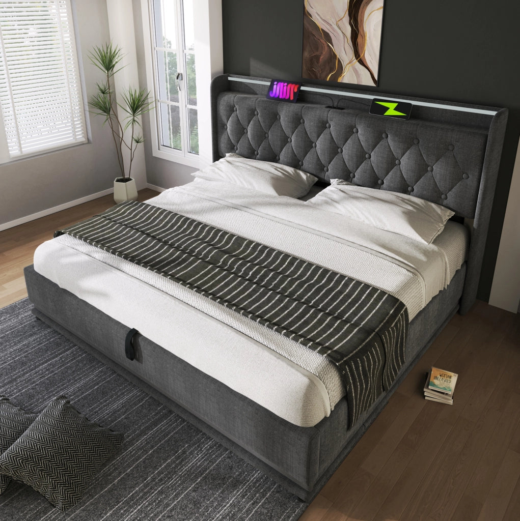Letto matrimoniale imbottito 140x190 cm in lino grigio con LED 360掳; USB e contenitore idraulico