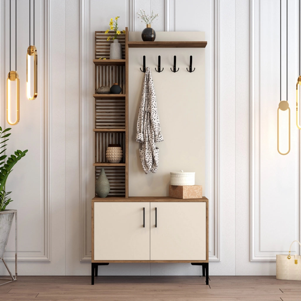 Mobile da corridoio in legno "Viyana D" - 35 x 90 x 200 cm - Noce, Crema