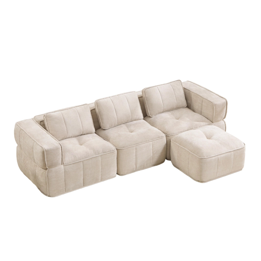 Divano modulare angolare ULEVR 3 posti con pouf, design senza telaio e seduta profonda, beige