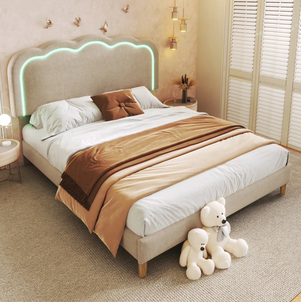 Letto matrimoniale imbottito 140x200 cm con testiera LED regolabile in lino beige