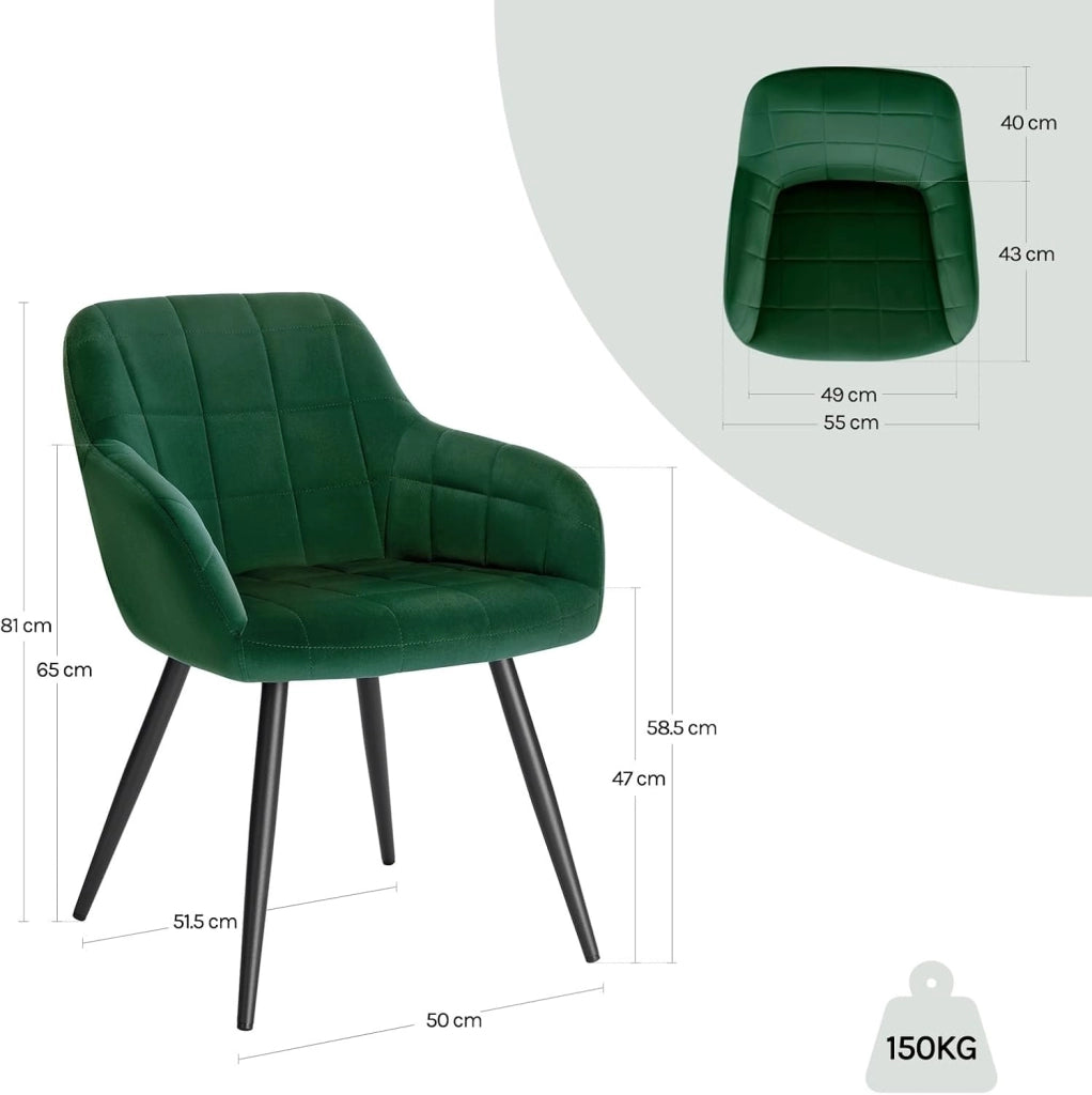 Set di 2 Sedie per Sala da Pranzo Imbottita, Poltroncina in Velluto,Sedia da Cucina con Braccioli e Schienale, Gambe in Metallo, moderne, Verde scuro, BH93dgn-2