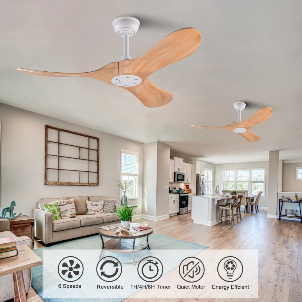 Ventilatore da soffitto 42 pollici, 3 pale legno, design ad elica, funzione memoria, telecomando, finitura noce, per terrazze e soggiorni