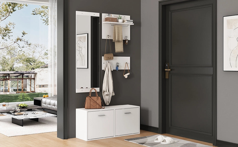 Set da ingresso 4 pezzi con 2 appendiabiti a parete; scarpiera e specchio; truciolato; bianco; 90x30x41;5 cm
