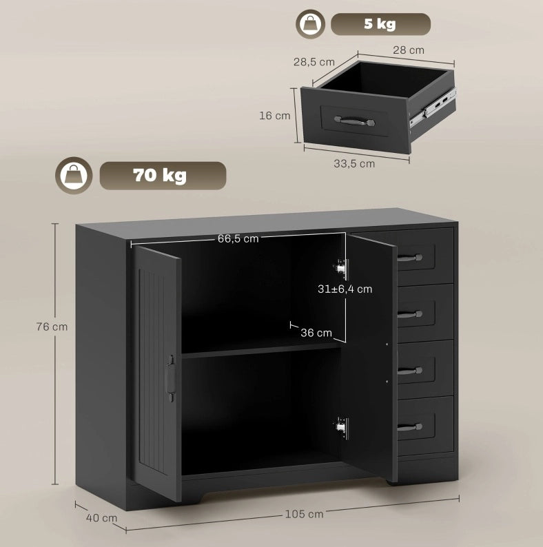 Credenza 105x40x76 cm nera – 4 cassetti, ripiano regolabile