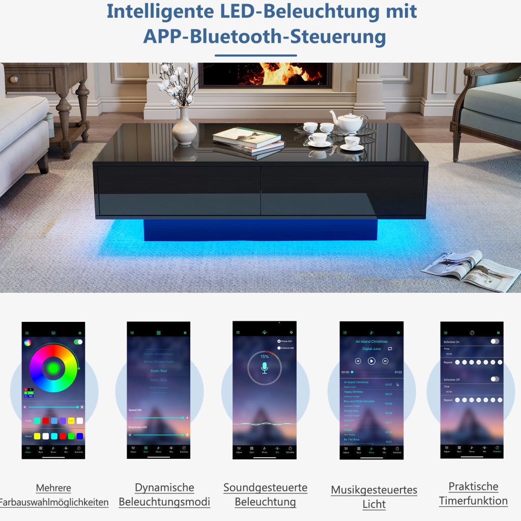 Tavolino da salotto nero lucido 115x55x34 cm con 2 cassetti e LED