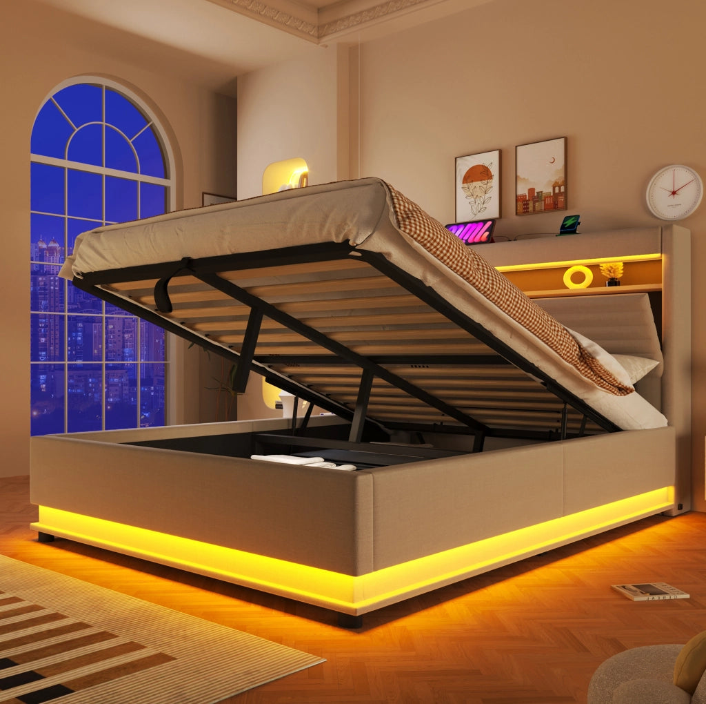 Letto imbottito con contenitore, LED e ricarica USB-C, 140 x 200 cm