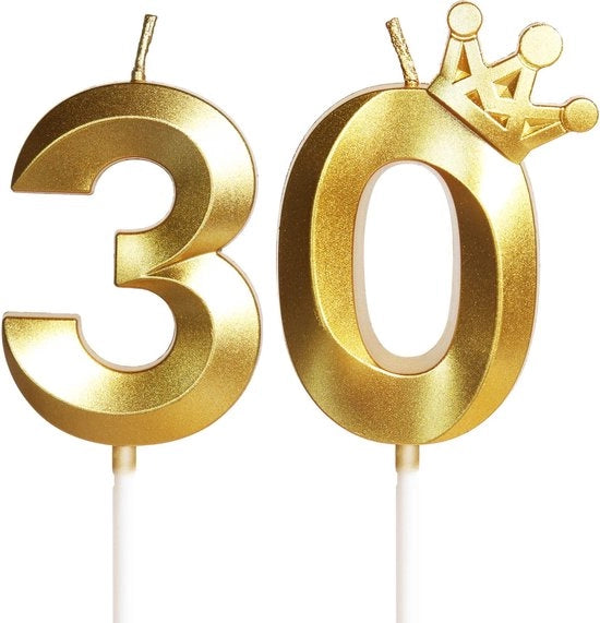 Candele per compleanni 3D oro - Candele numerate con corona - Decorazioni per torta - Accessori per feste - Celebrazioni - 30 pezzi