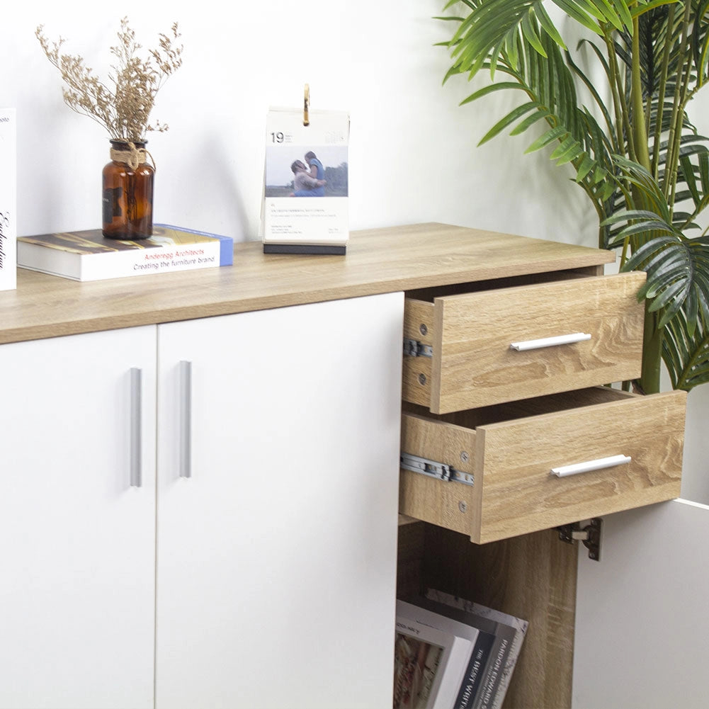 Mobile Cassettiera Moderna 3 Porte 2 Cassetti Design Minimal Bianco Quercia 120cm