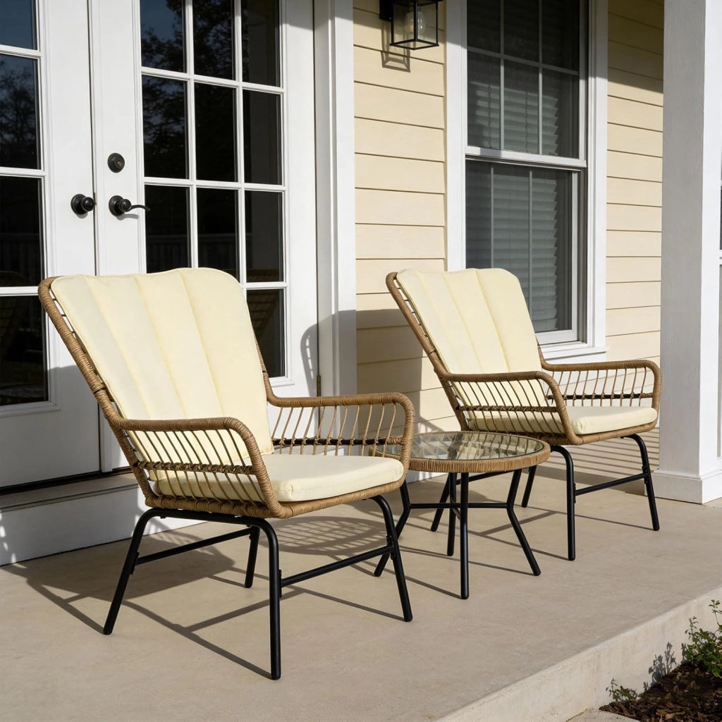 Set di 3 mobili da giardino in rattan con 2 sedie con cuscino e tavolo, set da bistrò per balcone, terrazza e patio, per 2 persone, portata fino a 180 kg