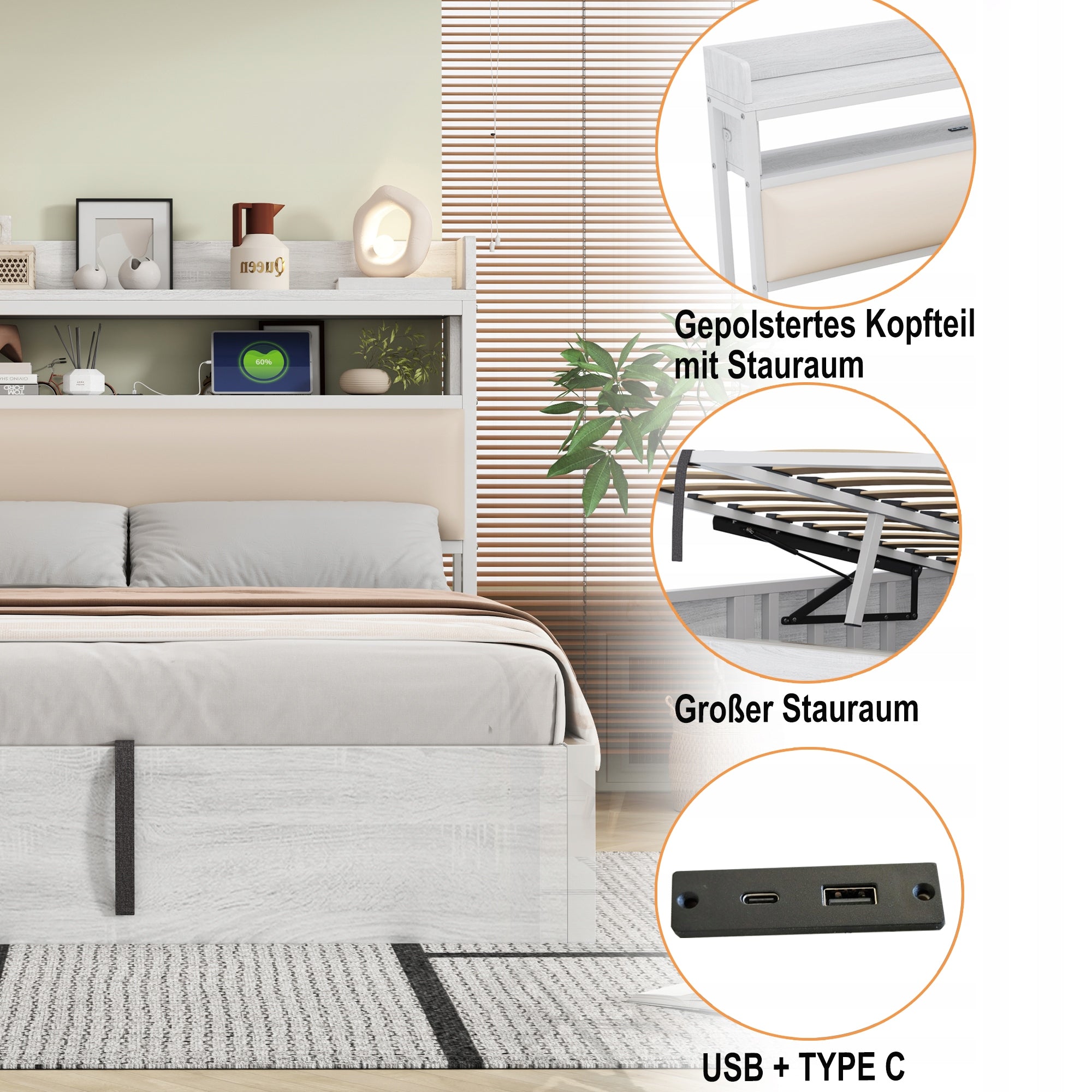 Letto singolo 90x200 - Xylo - Design retro, bianco, con idraulica