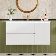 Mobile bagno sospeso con lavabo in ceramica, 91,5 ¡Á 46,5 ¡Á 50,5 cm, bianco, con 2 cassetti e luce LED con sensore radar