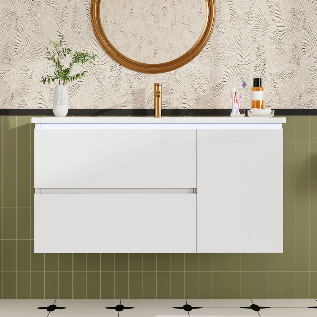 Mobile bagno sospeso con lavabo in ceramica, 91,5 ¡Á 46,5 ¡Á 50,5 cm, bianco, con 2 cassetti e luce LED con sensore radar