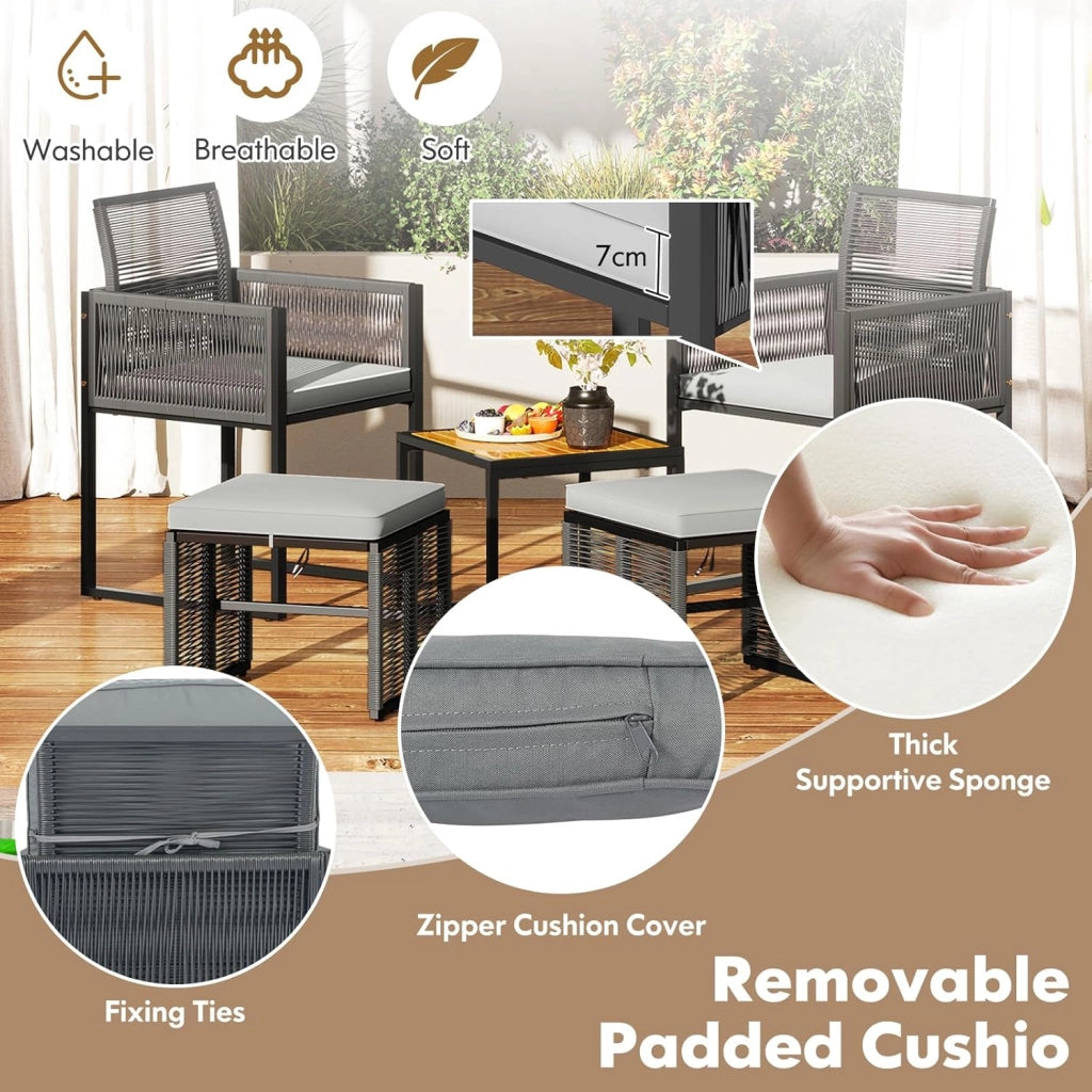 Set di Mobili da Giardino in Rattan per 2-4 Persone, Tavolo da Giardino con Piano in Legno e 2 Sedie (Capacità 180 kg), 2 Sgabelli, 4 Cuscini Rimuovibili, Arredamento da Giardino per Patio