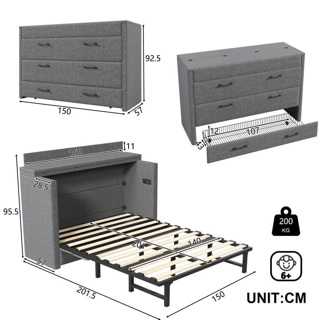 Letto armadio 140 x 200 con cassetto, USB e Type-C, grigio
