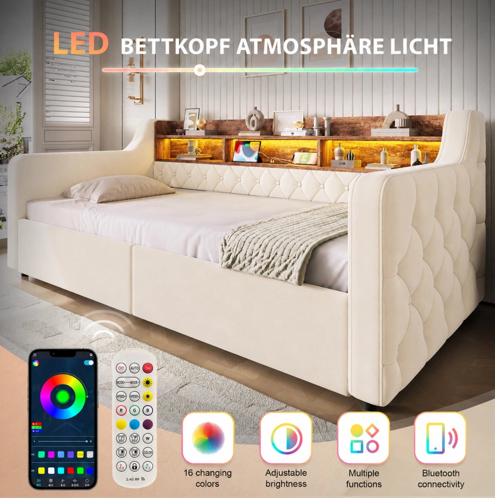 Letto imbottito beige 90x190 cm con LED, ricarica e cassetti