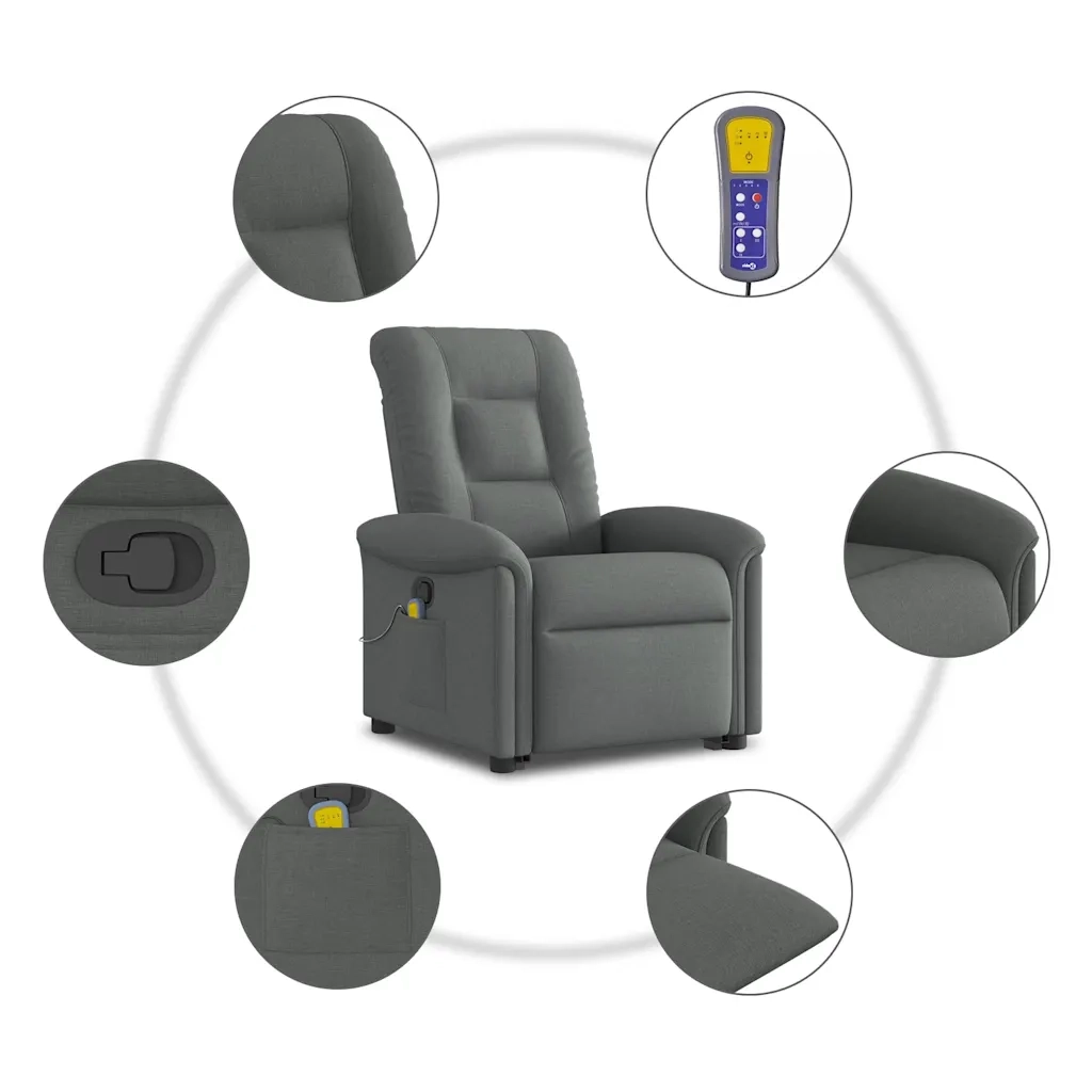 vidaXL Poltrona Alzapersona Massaggi Reclinabile Grigio Scuro Tessuto