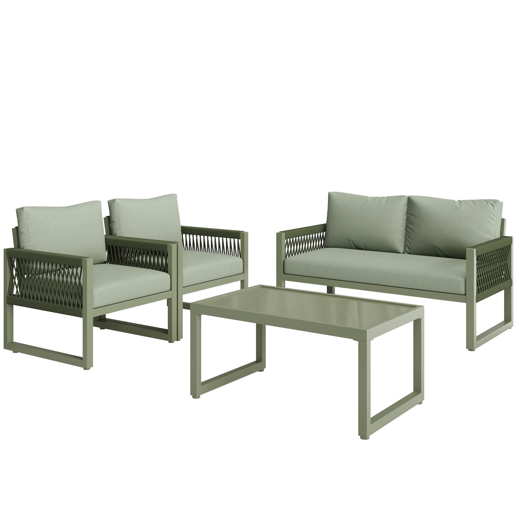Set Lounge da Giardino 4 Pezzi in Corda con Tavolo in Vetro e Cuscini ¨C MINIMAL ¨C Verde