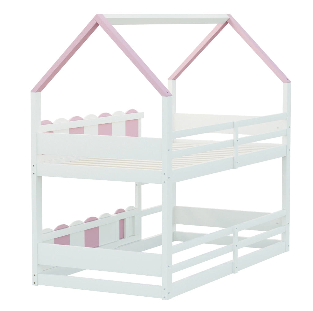 Letto a castello per bambini 90x200 cm a casetta con protezioni; rosa e bianco
