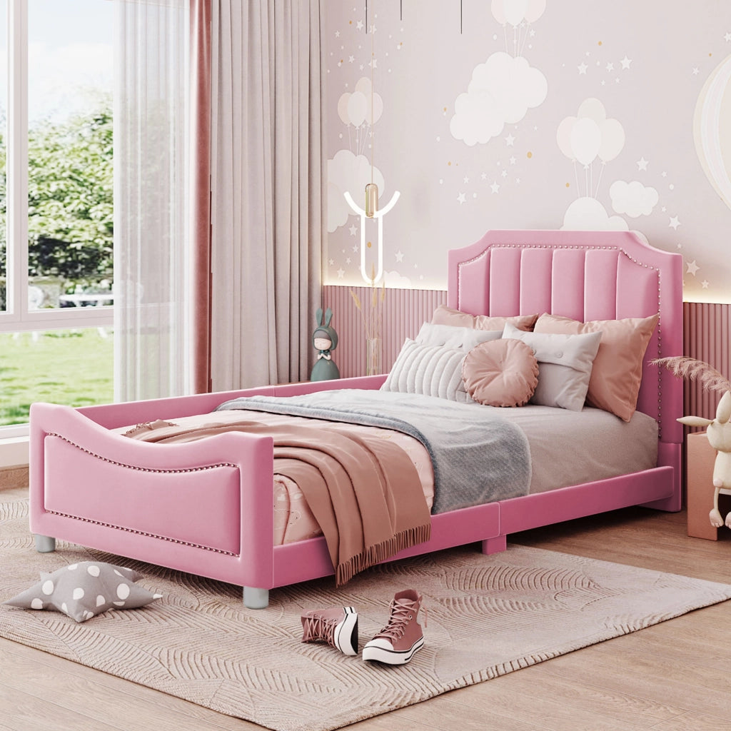 Letto per bambini imbottito 90x200 cm in flanella con schienale e braccioli, letto multifunzionale rosa