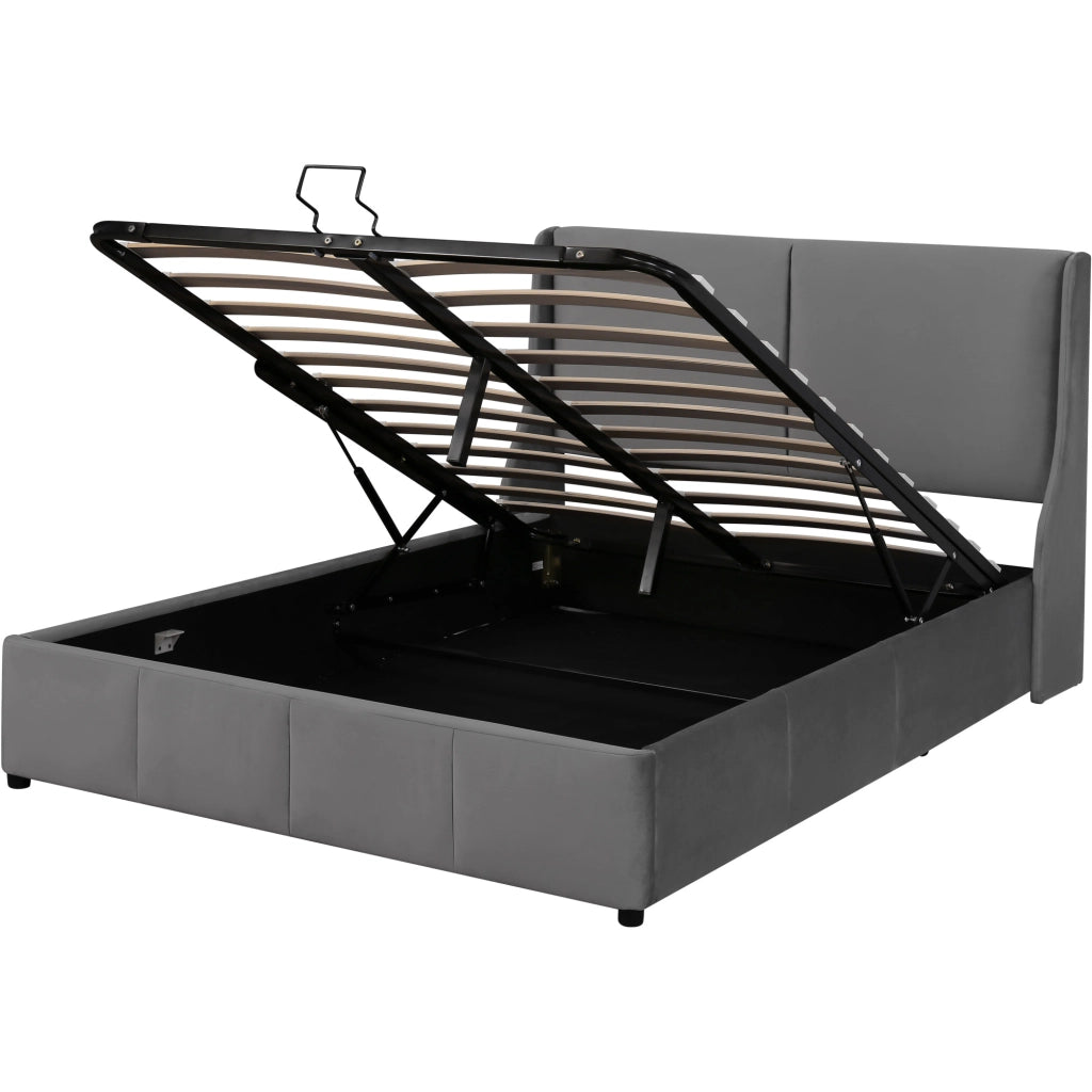 OKWISH Letto Contenitore 140×200 cm, Letto Matrimoniale con Sollevamento Idraulico, Testiera a Orecchie e Rete, senza Materasso, Velluto Grigio