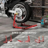 Cavalletto per Moto con Capacità di 544 kg, Forcelle Regolabili a U e L, Rotelle e Cuscinetti Antiscivolo, Rosso