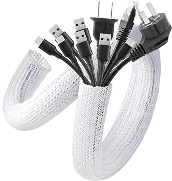 Cavo a raccordo da 7,6 m - Canale di cavo autoserrante 12-20 mm - Mantello a maglia flessibile per la gestione di cavi, ufficio, TV, computer - Protezione contro animali domestici - Bianco