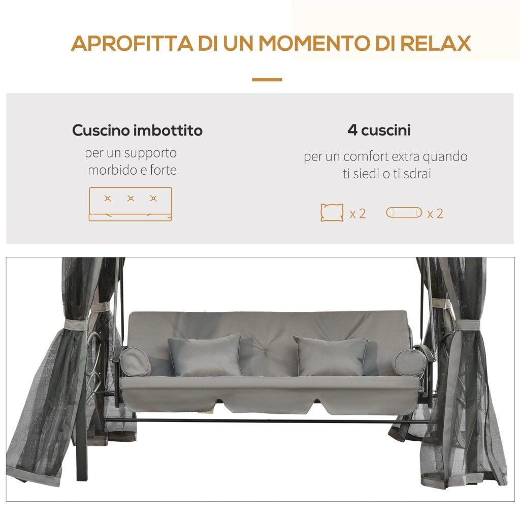 Dondolo Letto 3 Posti con Gazebo da Giardino 256x172x248 cm con Zanzariera e Cuscini Grigio