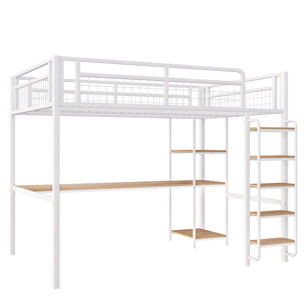 Letto a soppalco matrimoniale 140×200 cm con scala di sicurezza; tavolo e ripiani; senza materasso; metallo; bianco