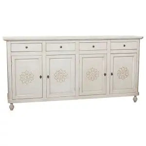 Credenza base napoletana Shabby chic 4 ante bianco anticato con decoro rosone