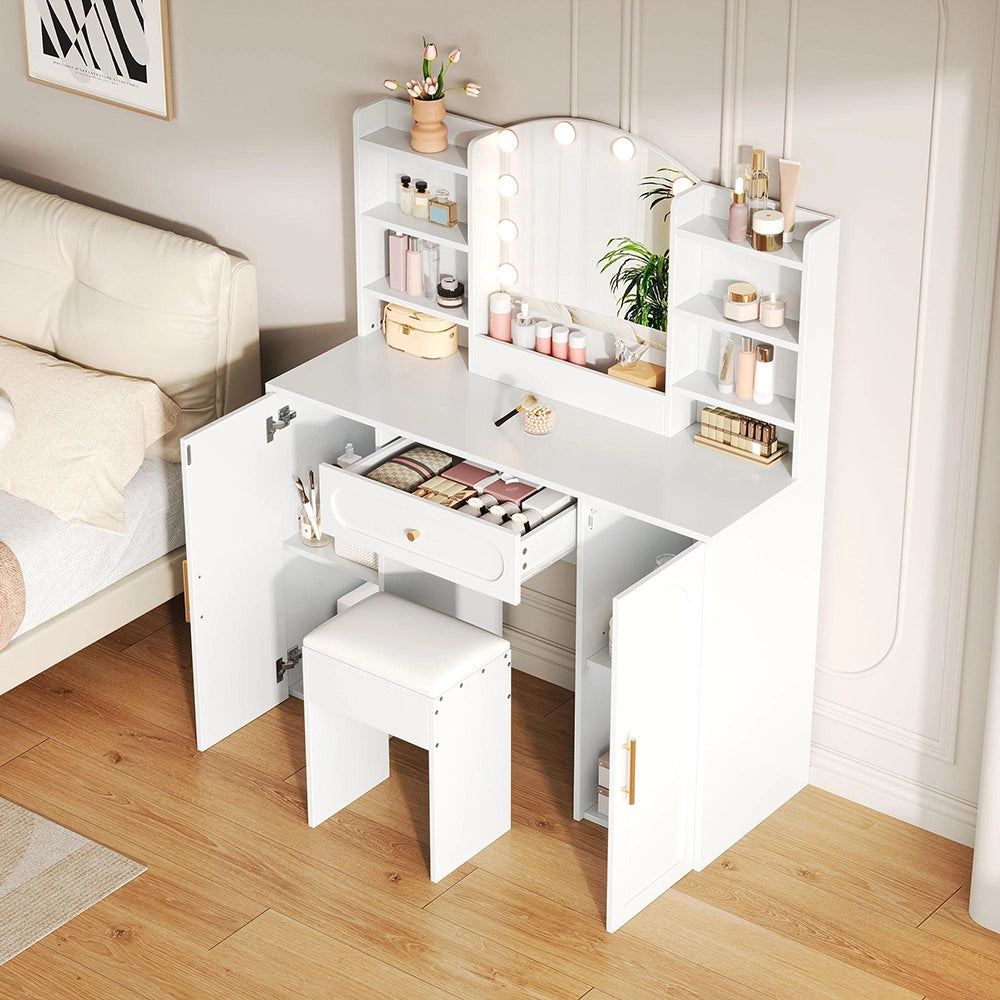 Toilette grande con illuminazione LED regolabile, specchio e sgabello - Xylo - 110x40x132 cm, bianco, 1 cassetto e 2 ante