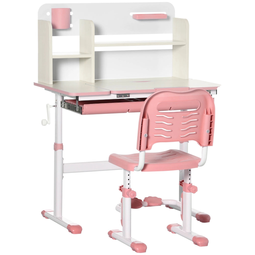 Set Scrivania e Sedia per Bambini da 3 Anni Regolabile Tavolo Inclinabile a 60° con Cassetto e Ripiani in PP e Acciaio