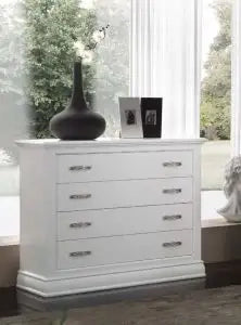 Comò Clara in legno massiccio Shabby chic bianco 4 cassetti