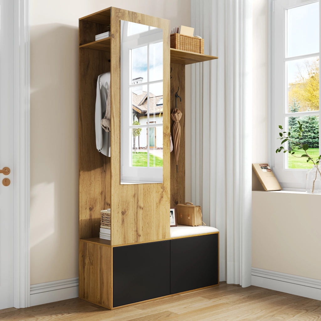 Mobile Ingresso con 5 Ganci; Specchio; 2 Scarpiere e Panca; Stile Moderno; in MDF; Nero e Naturale; 100??38??191 cm