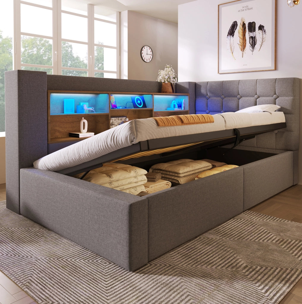 Letto 90x190 cm con LED e USB, contenitore idraulico, rivestimento in lino grigio