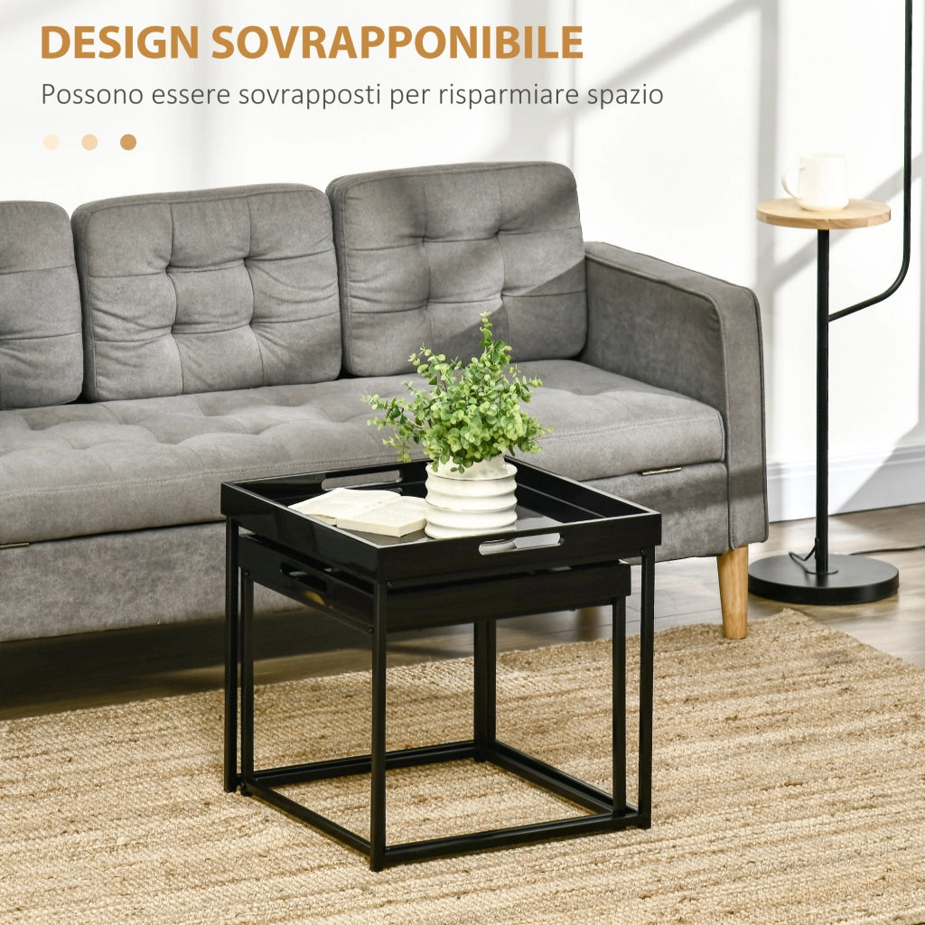 Easycomfort Set da 2 Tavolini da Caffè Impilabili con Finitura Lucida e Telaio in Acciaio, Nero