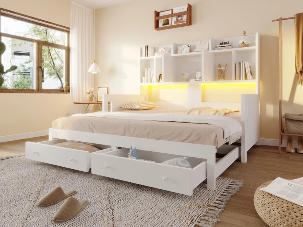 DESMIU Letto Divano 1 Posto con 2 Cassetti, Vani, Presa e LED, 90 × 190 cm e 180 × 190 cm, Senza Materasso
