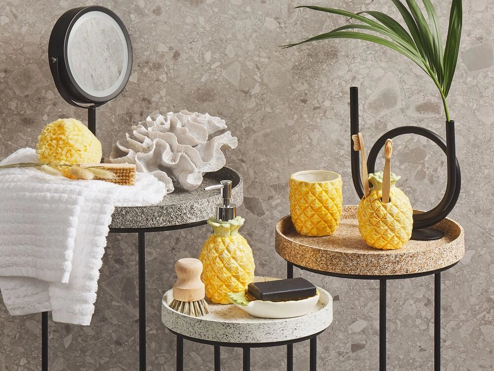 Set di 4 Accessori Bagno in Ceramica giallo e verde a forma di ananas dispenser sapone porta sapone Portaspazzolino recipiente