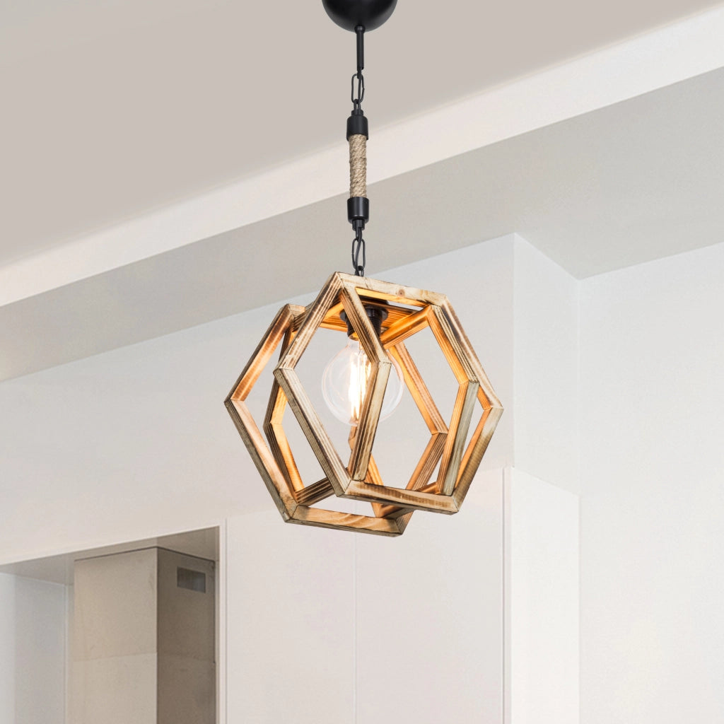 Lampada a Sospensione 'Cheltenham' con Paralume a Gabbia Poligonale in Legno - Naturale [lux.pro]