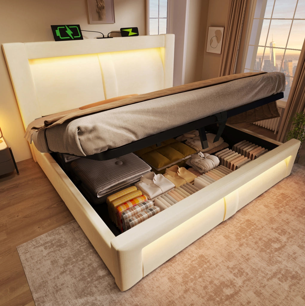Letto matrimoniale 160x200 cm con contenitore; LED integrati; porte USB e Type-C; velluto beige
