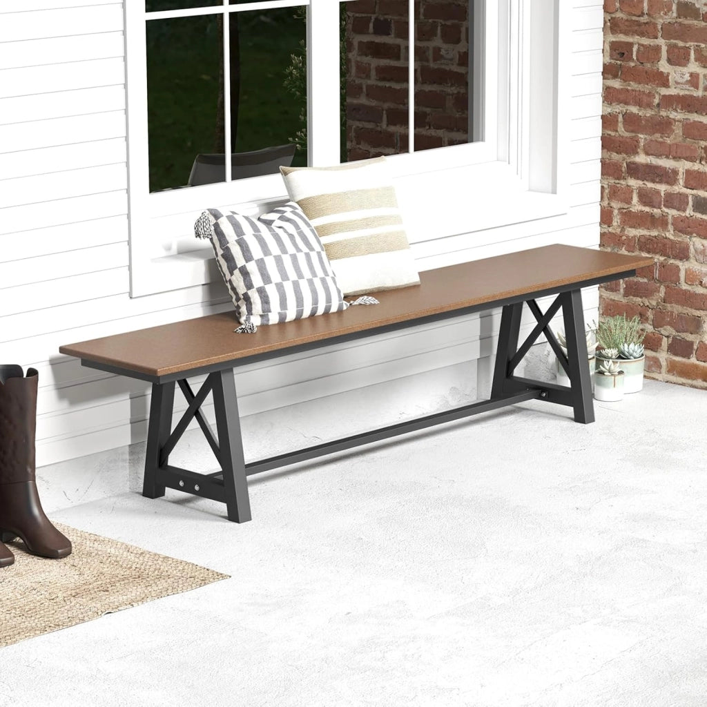 Panca da giardino, resistente alle intemperie, 3 posti, per esterni, portata fino a 500 kg, in HDPE e telaio in metallo, per giardino, balcone, terrazza, 183 x 35 x 41,5 cm, marrone