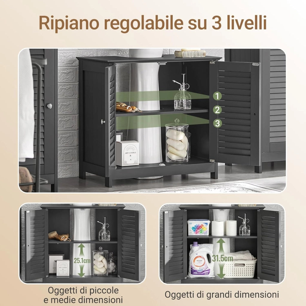 Mobile Bagno Sottolavabo - Mobiletto Bagno Salvaspazio con Mensole Regolabili, Mobile Lavabo in MDF, Antimuffa con Porta a Lamelle, per lavabo a terra, Grigio Scuro, 60x58x35cm, FRG237-II-DG