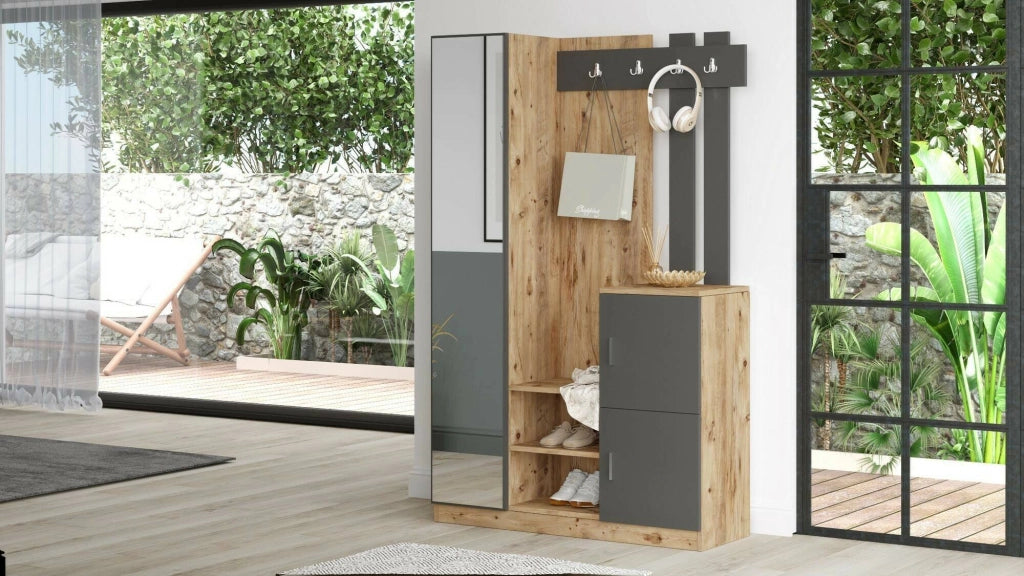 Mobile da ingresso Arco, Entratina appendiabiti, Composizione per atrio, Consolle portaoggetti multifunzione, 114x38h180 cm, Quercia e Antracite