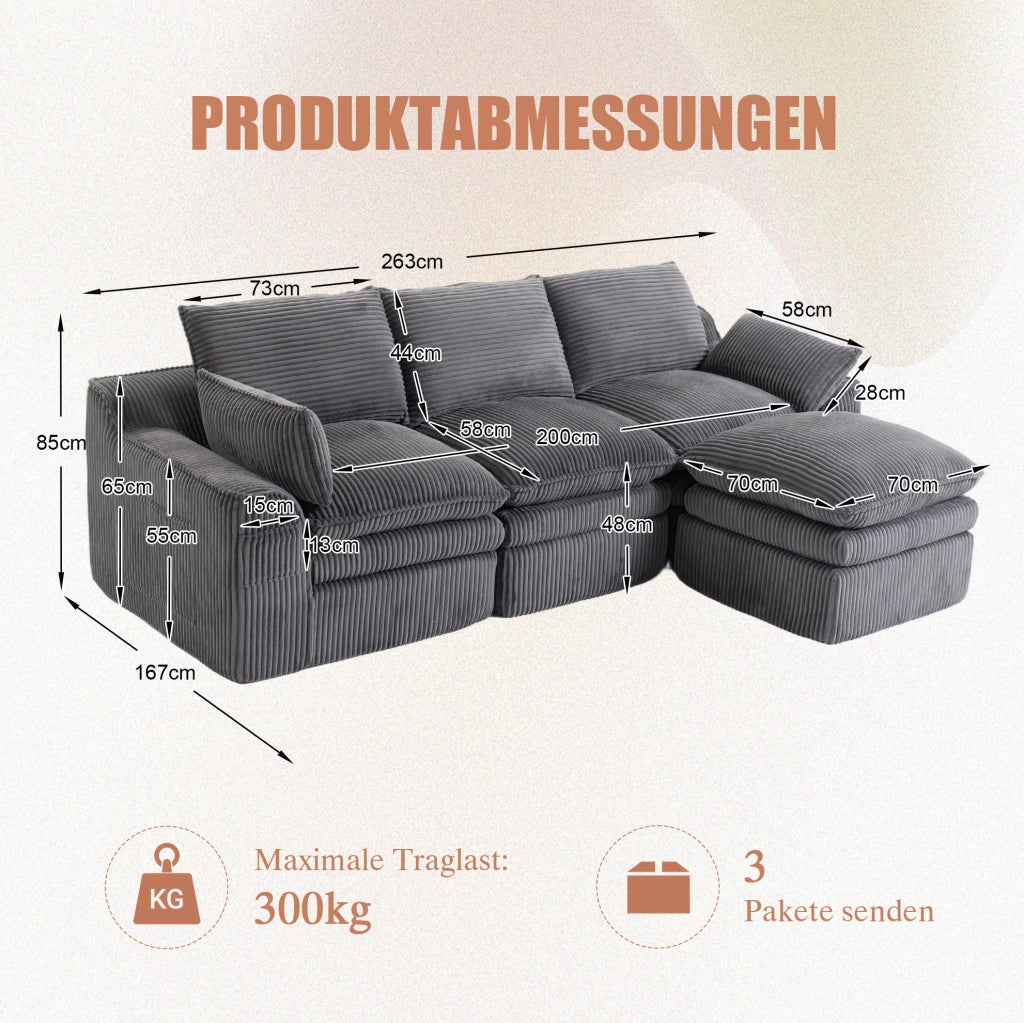 Divano modulare 3 posti con pouf in velluto a coste grigio scuro, confortevole e versatile
