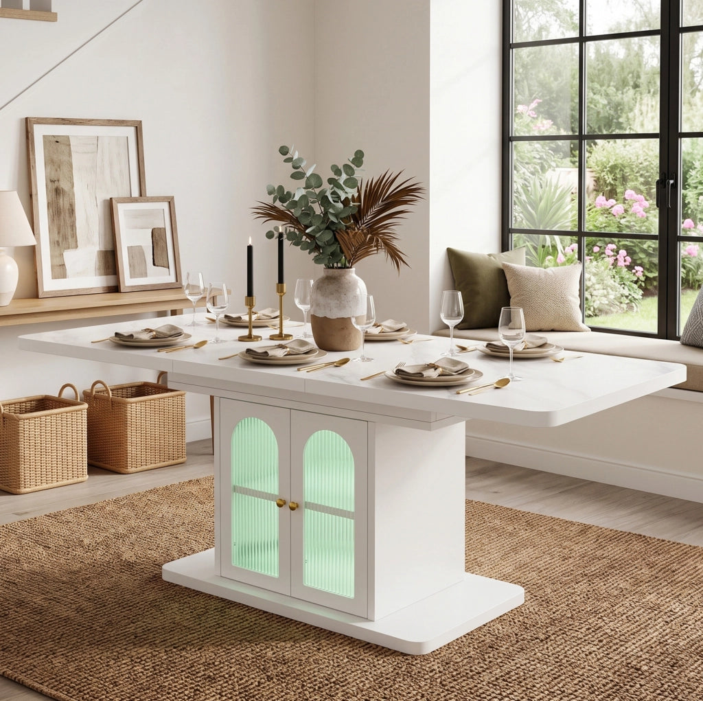 Tavolo da pranzo allungabile con vano contenitore e striscia LED in MDF bianco