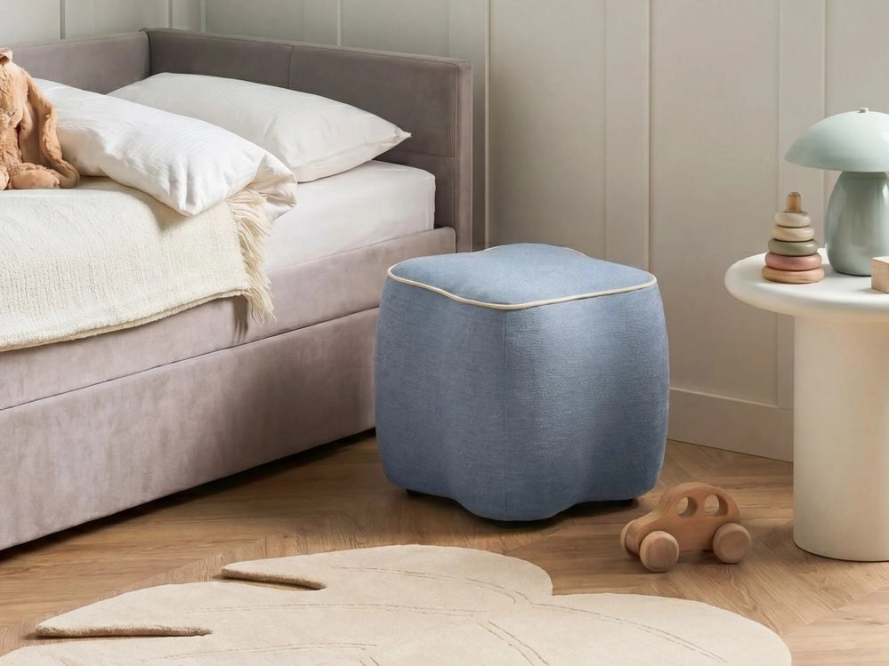 Pouf in tessuto azzurro, 35 x 35, poggiapiedi, elemento decorativo per soggiorno e camera da letto
