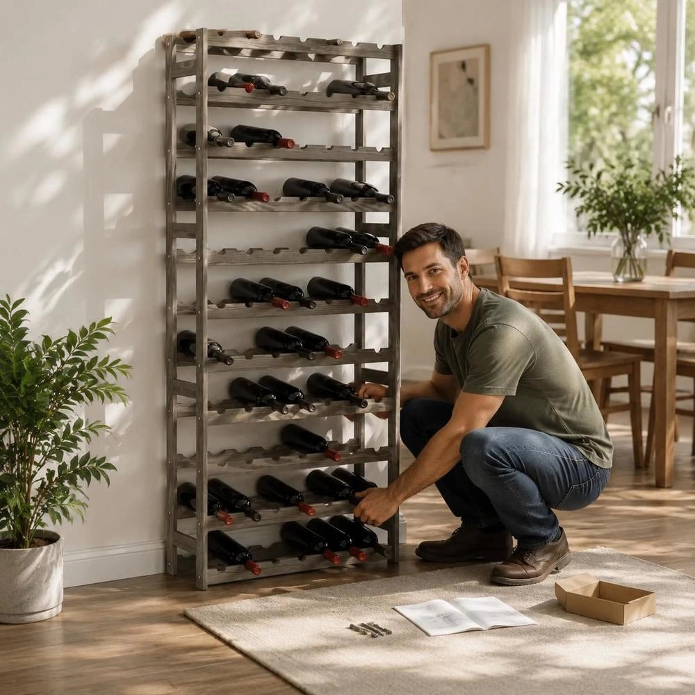 Wine Rack For 77 Bottles, Grey Solid Pine Wood