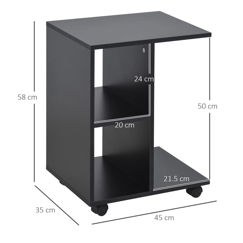 Tavolino da Salotto a C con 2 Ripiani Aperti e 4 Ruote Girevoli, 45x35x58 cm, Nero
