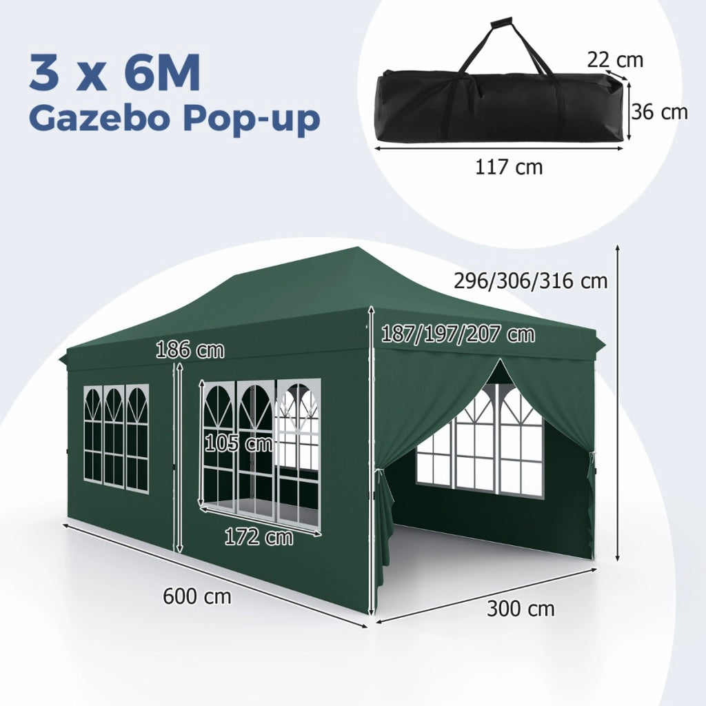 Gazebo pop-up con 6 pareti laterali e ingressi con cerniera, Gazebo istantaneo portatile per festa e picnic 3 x 6 m Verde