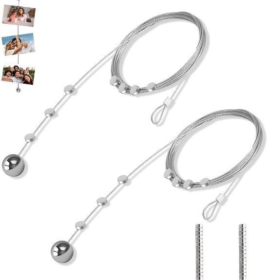 Cavo di fissaggio per foto 2 pezzi - Cavo in acciaio inossidabile - Cordino magnetico per foto - Sistema di fissaggio - Lunghezza regolabile - Argento 2 m x 1,5 mm - Cavo per foto